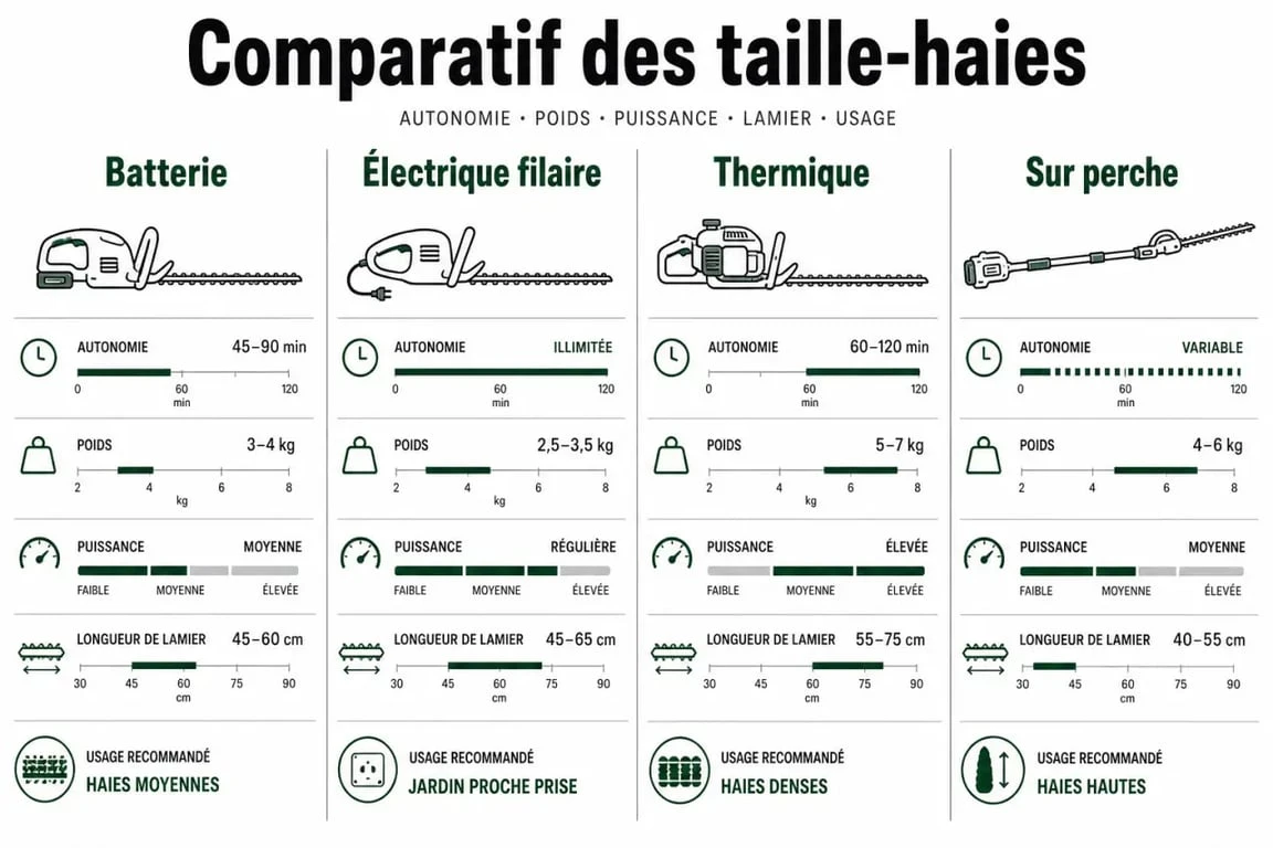 Comparatif taille haie entre modèles à batterie, filaires, thermiques et sur perche