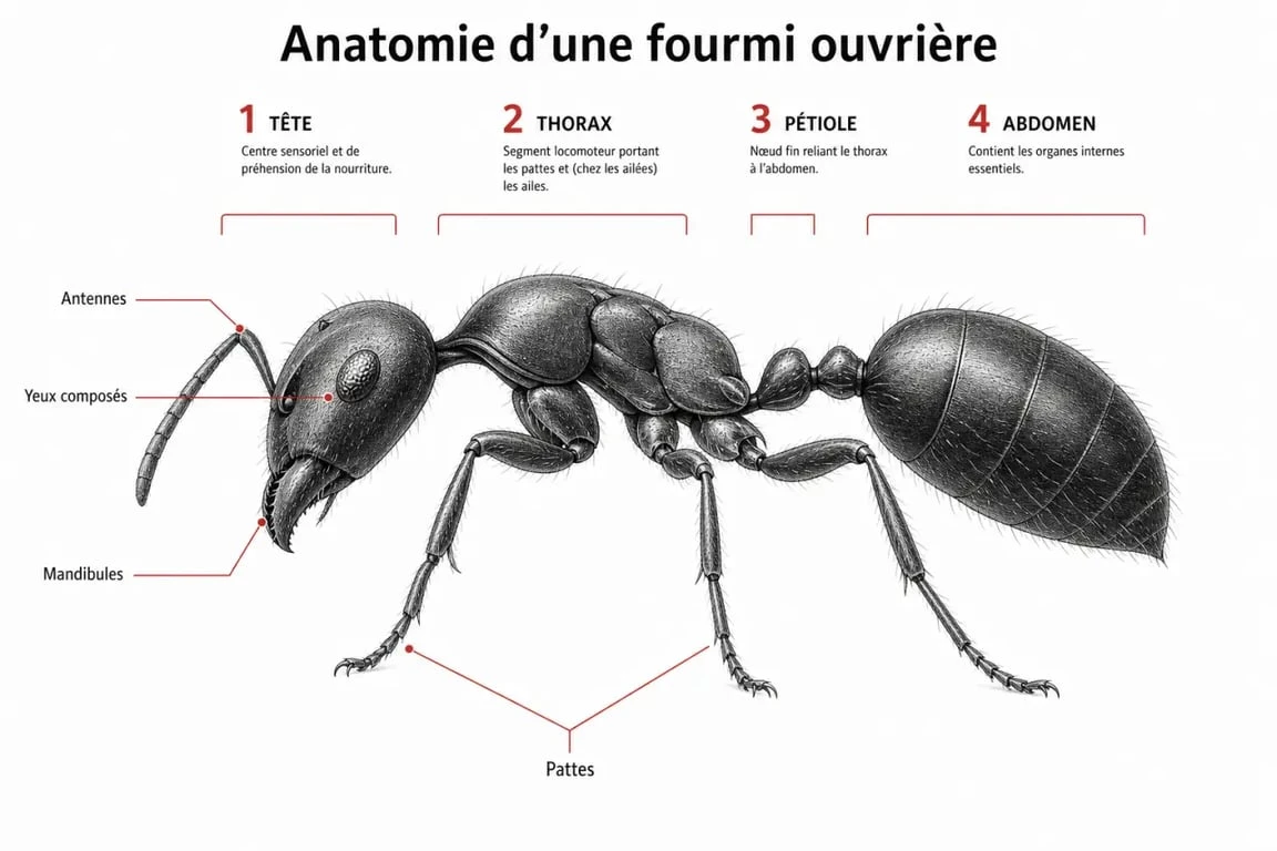 Schéma anatomique des différentes parties d'une fourmi pour aider à l'identification des sortes de fourmis.