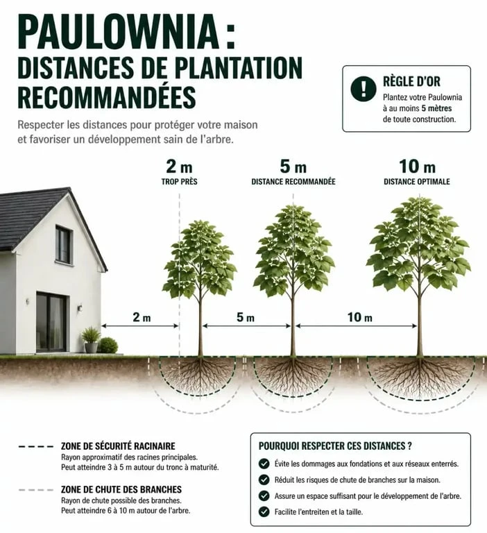 Schéma des distances de plantation recommandées pour un Paulownia près d'une maison