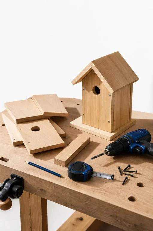 Nichoir à oiseaux à fabriquer en cours d’assemblage sur un établi avec outils de bricolage