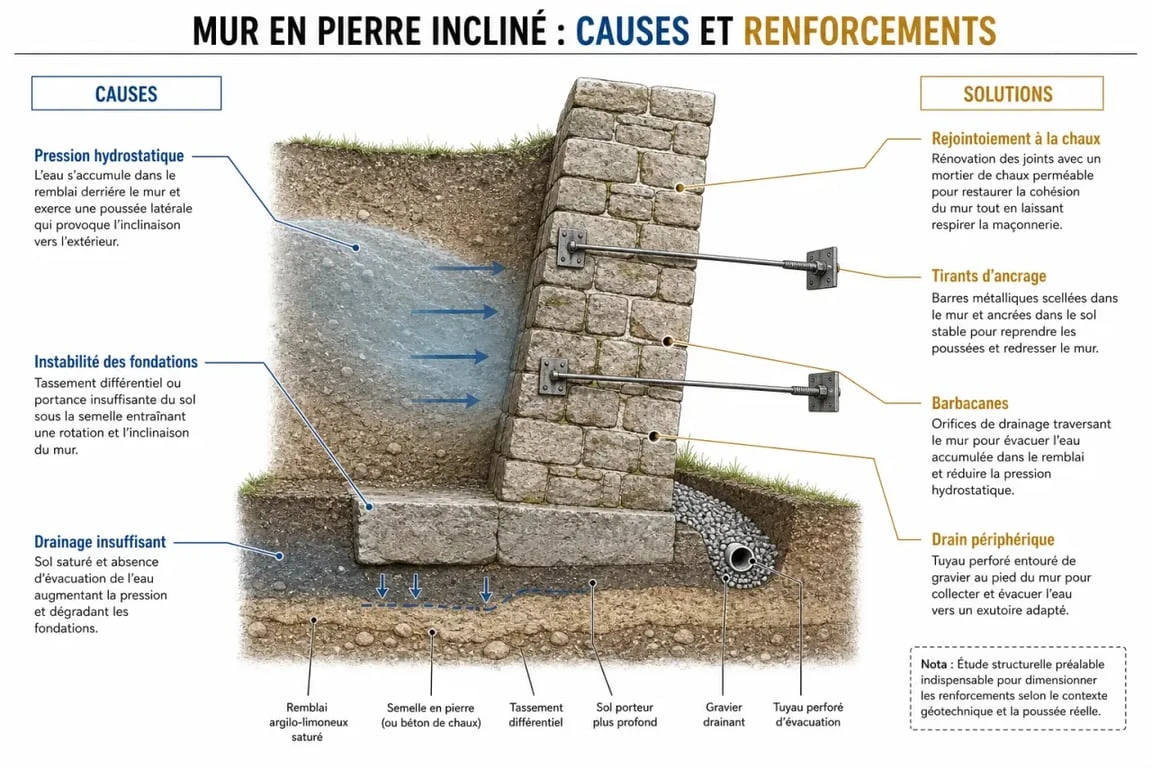 Infographie des causes et solutions pour renforcer un mur en pierre qui penche