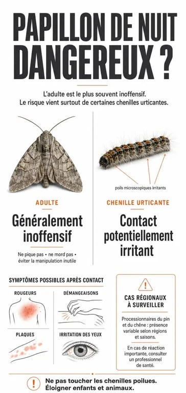 Infographie sur le papillon de nuit dangereux : adulte inoffensif, chenille urticante et symptômes possibles