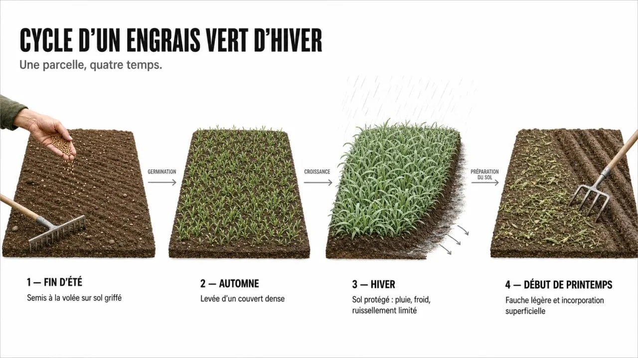 Engrais vert hiver : cycle du semis à la destruction au potager