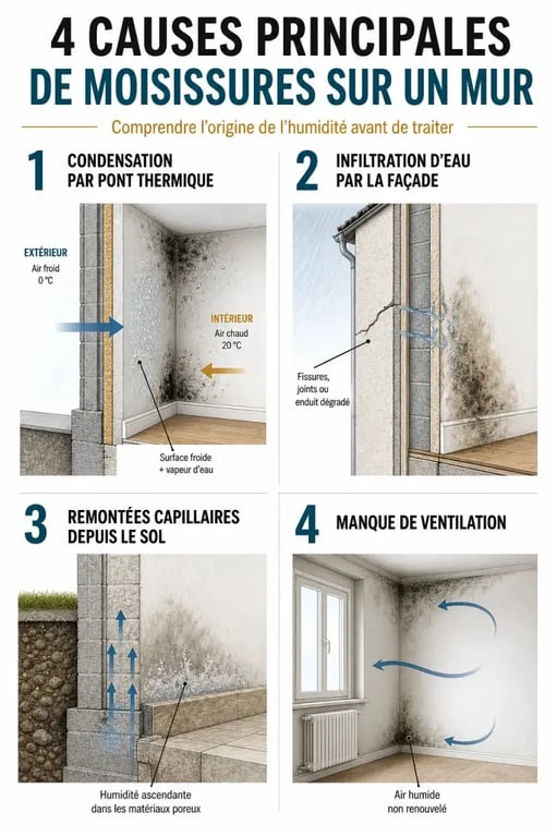 Causes de l'apparition de moisi sur un mur : condensation, infiltration et remontées capillaires