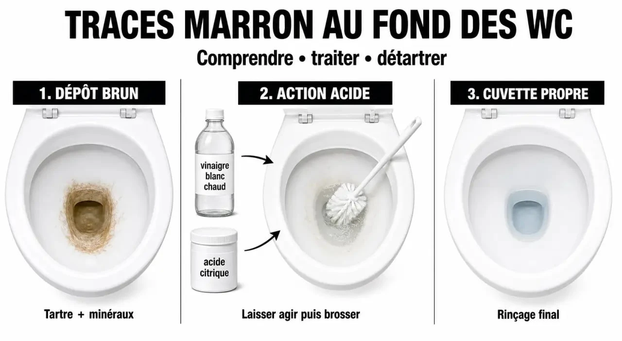 WC marron : illustration des étapes pour enlever les traces brunes au fond des toilettes