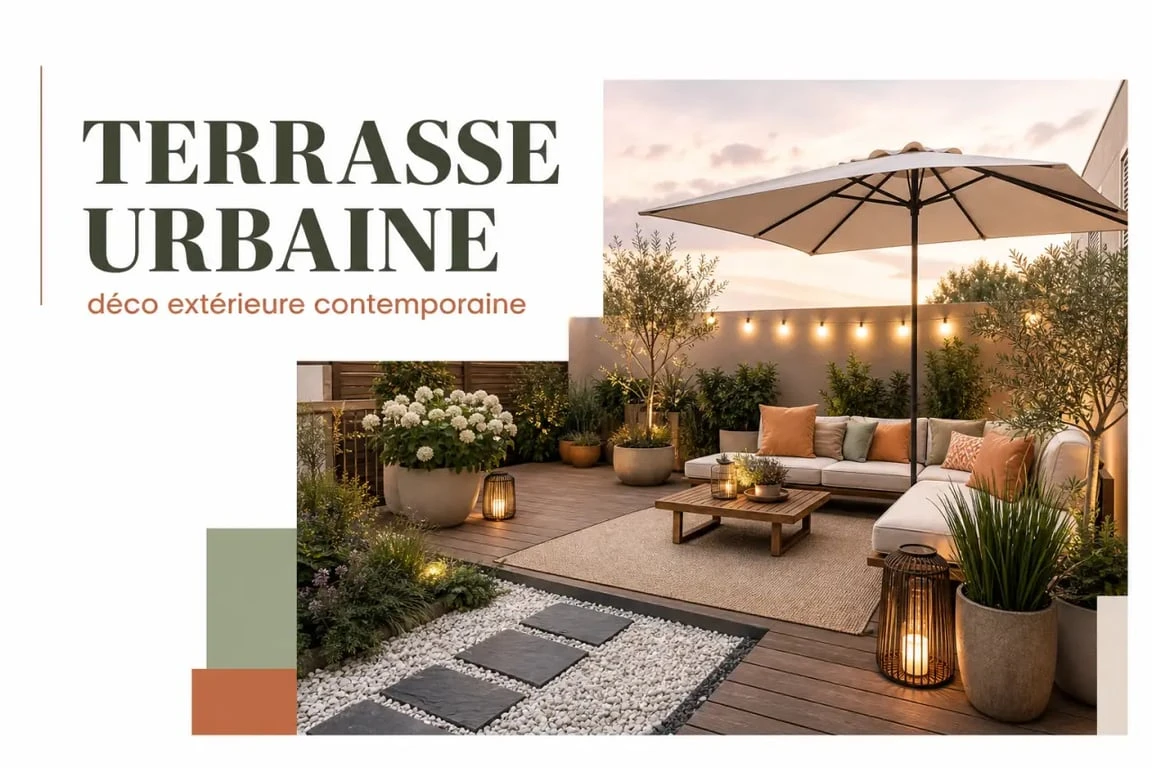 Idée de déco jardin extérieur sur terrasse et petit jardin urbain avec luminaires, pots et graviers