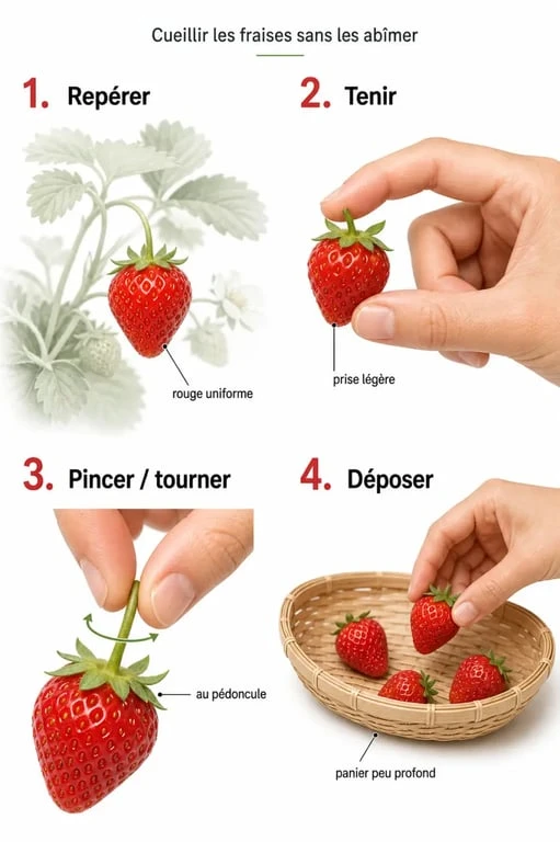 Comment cueillir les fraises : gestes simples pour récolter une fraise mûre sans l’abîmer