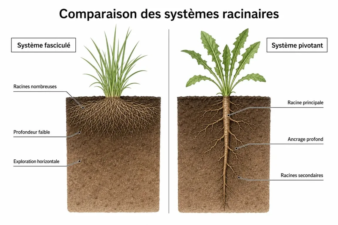 Schéma comparatif des systèmes racinaires fasciculés et pivotants du laurier pour comprendre le développement des racines.