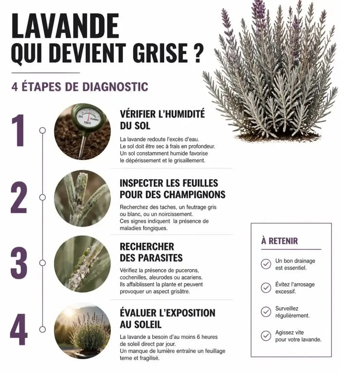 Infographie des étapes de diagnostic pour une lavande qui devient grise et perd de sa vigueur