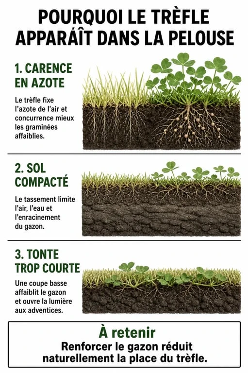 Infographie sur les causes et solutions pour éliminer les trèfles dans le gazon