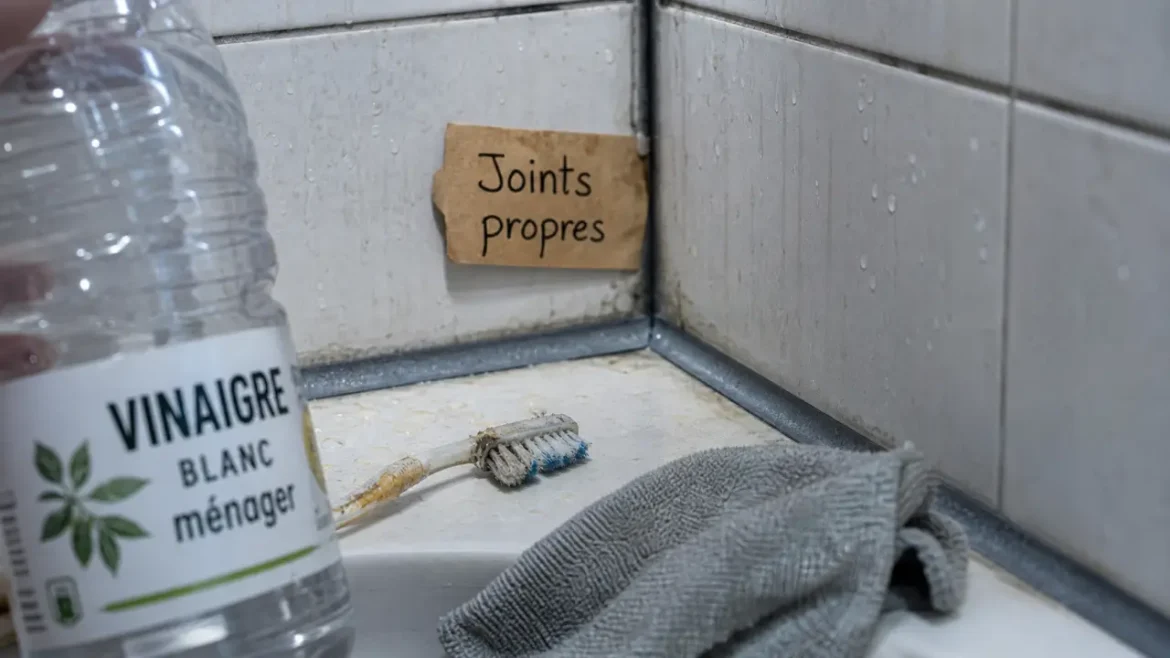 Joints de douche noircis : joint silicone à nettoyer avec produit, brosse et microfibre