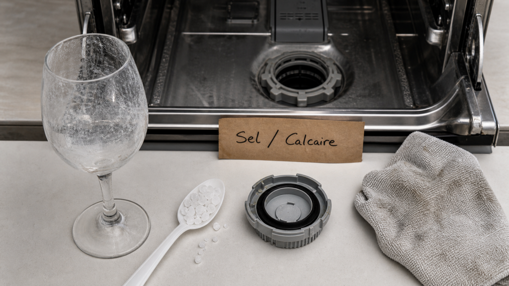 Lave vaisselle qui laisse des traces de sel : cristaux de sel et calcaire sur la vaisselle