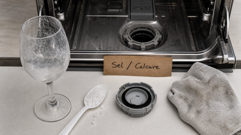 Lave vaisselle qui laisse des traces de sel : cristaux de sel et calcaire sur la vaisselle