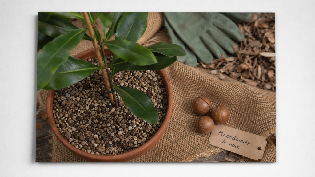 Macadamier et noix de macadamia sur substrat drainant au jardin