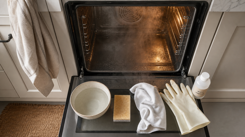 Nettoyer four vinaigre blanc : four chauffé, éponge et microfibre, vapeur au vinaigre