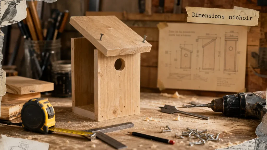 Nichoir à oiseaux à fabriquer : cotes 28 mm et 34 mm, bois en atelier