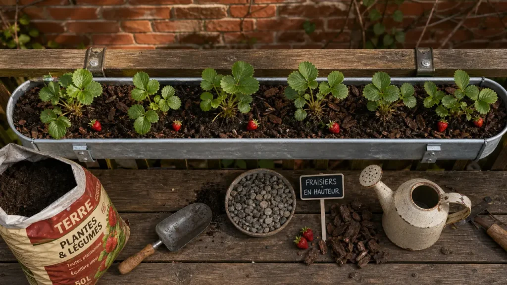 Plantation fraisier en hauteur en gouttière : fraisiers en substrat sombre