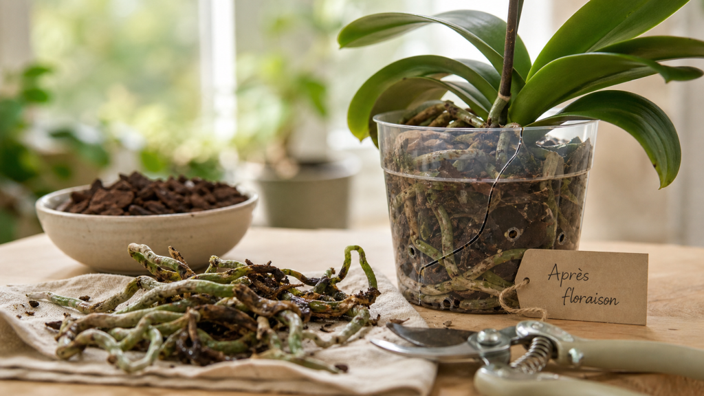 Quand rempoter une orchidée : racines et substrat visibles après floraison