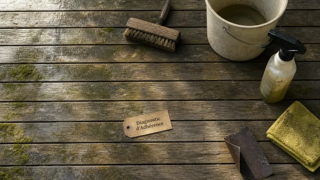 Rénover une terrasse en bois : bois grisé avec mousse, brossage et ponçage
