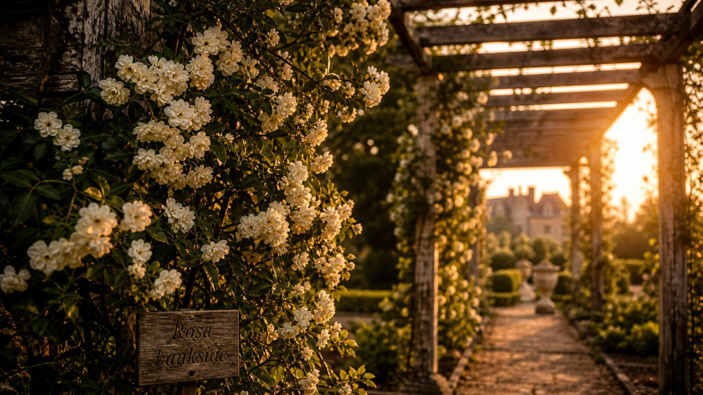 Rosier de banks sans épines sur pergola : fleurs blanches ou jaunes