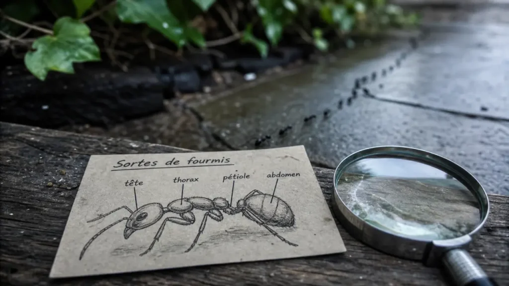Sorte de fourmis : fiche d’identification, loupe et schéma