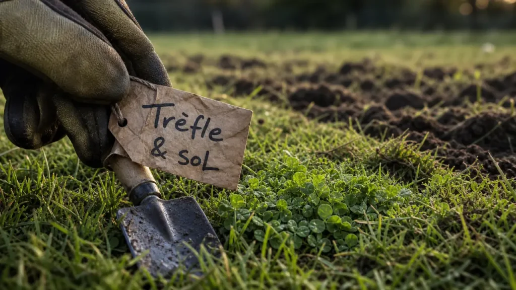 Trefles dans le gazon : tuf de trèfle vert entre herbe courte