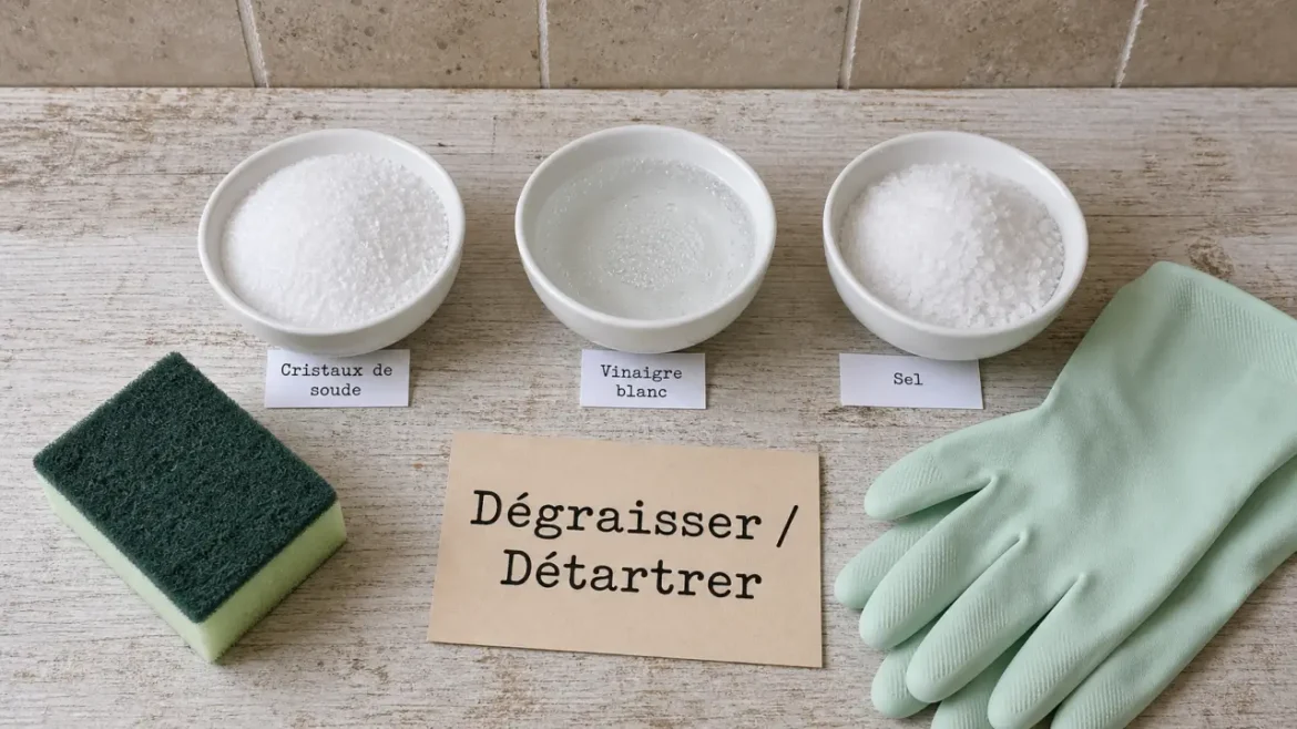 Cristaux de soude, vinaigre blanc et sel pour dégraisser et détartrer