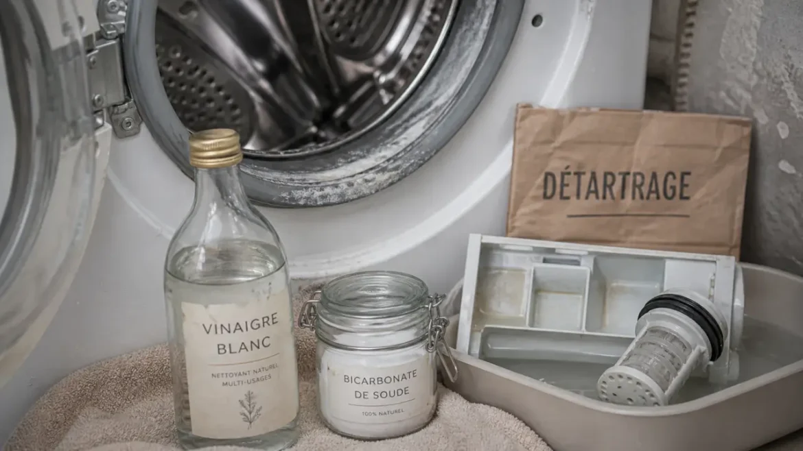 Détartrage lave-linge : vinaigre blanc, 90°C et erreurs qui abîment la machine Détartrage lave-linge au vinaigre blanc à 90°C, calcaire autour du joint