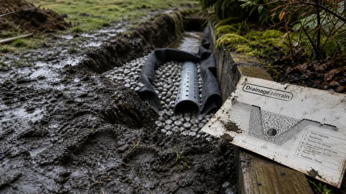 Drainage terrain : drain français vers exutoire, sol humide après pluie