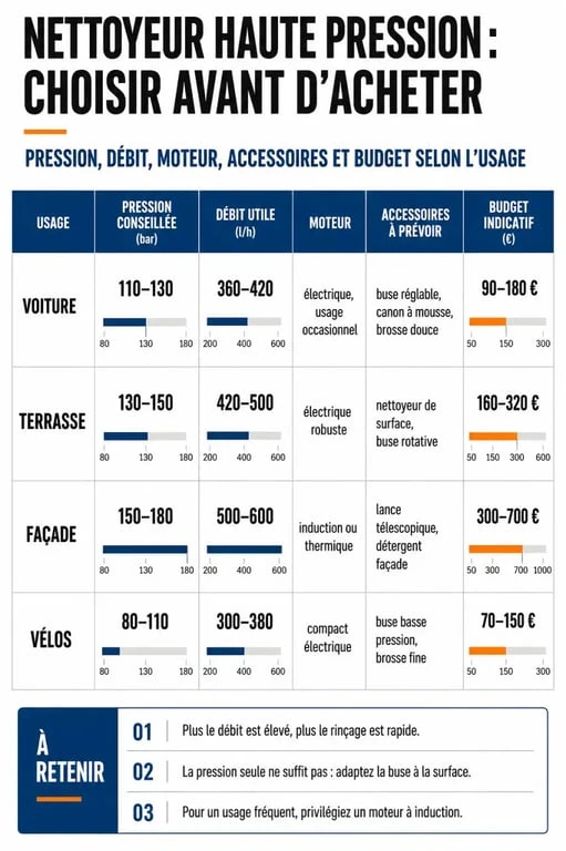 Comparatif nettoyeur haute pression achat : tableau comparatif des usages, pressions, débits et budgets