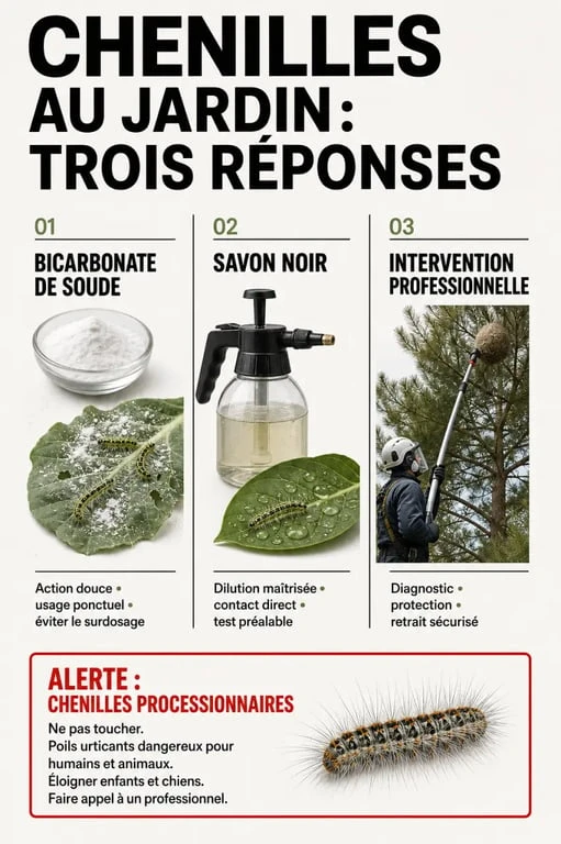 Bicarbonate pour tuer chenilles : comparaison visuelle entre bicarbonate, savon noir et intervention professionnelle