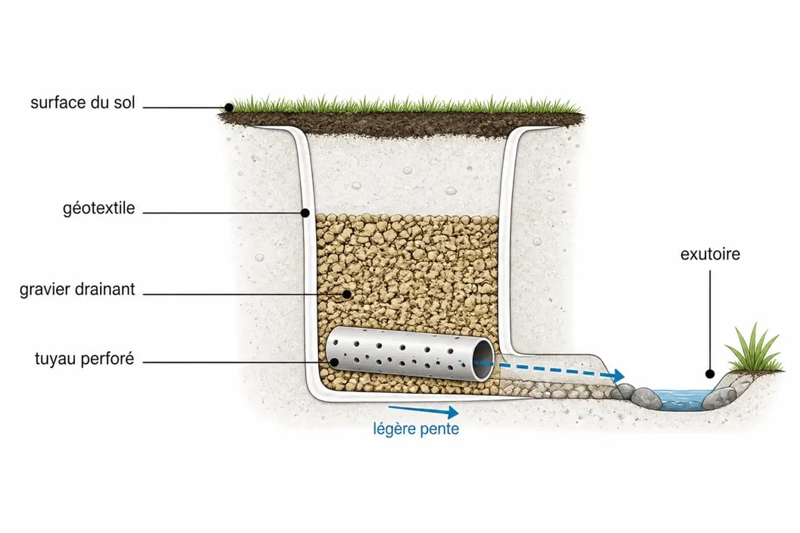 Drainage terrain : schéma d’une tranchée drainante avec gravier, géotextile et tuyau perforé
