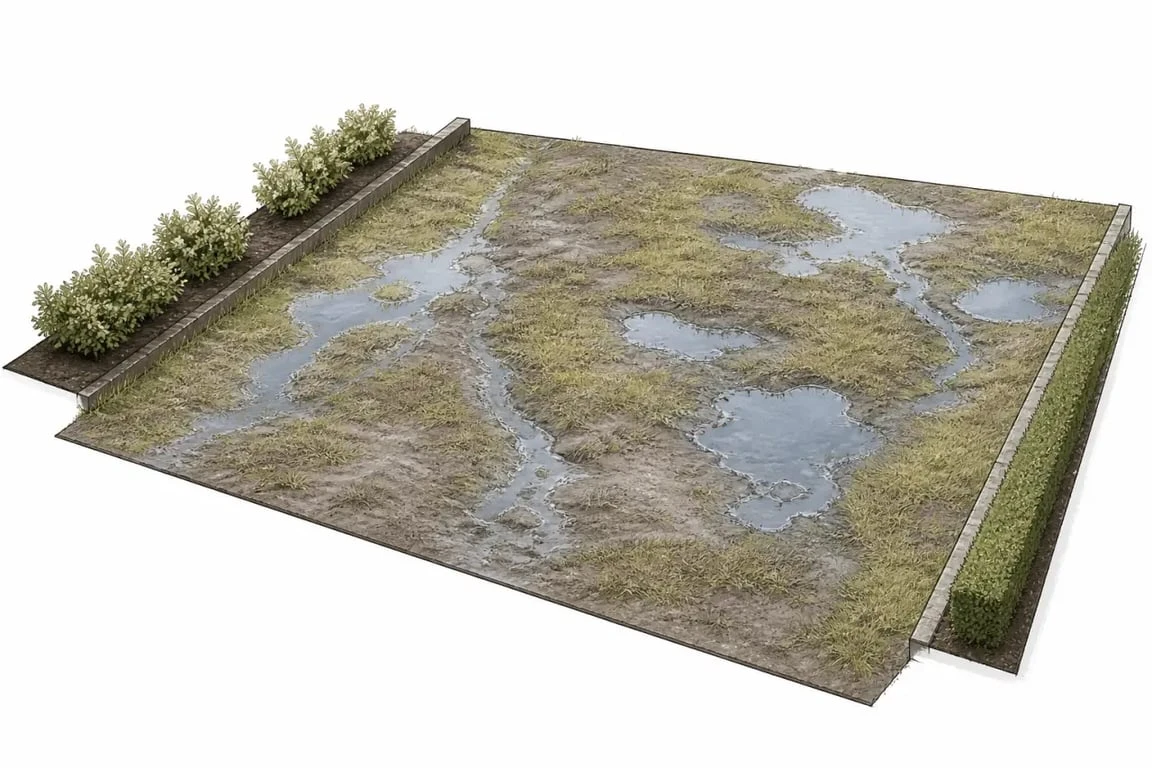Drainage terrain : jardin détrempé après la pluie avec flaques persistantes et sol compacté