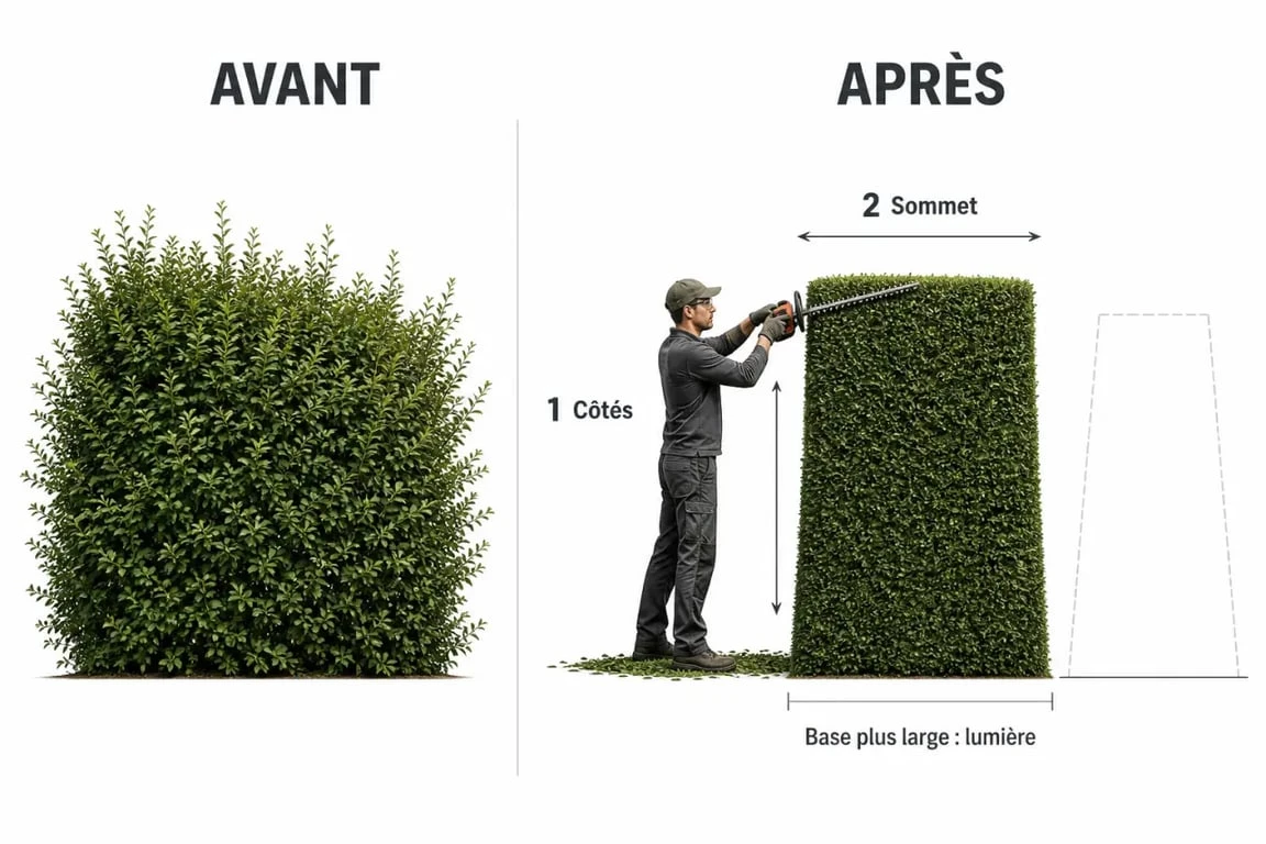 Taille des troènes : schéma avant/après d’une haie taillée avec base évasée et sommet net