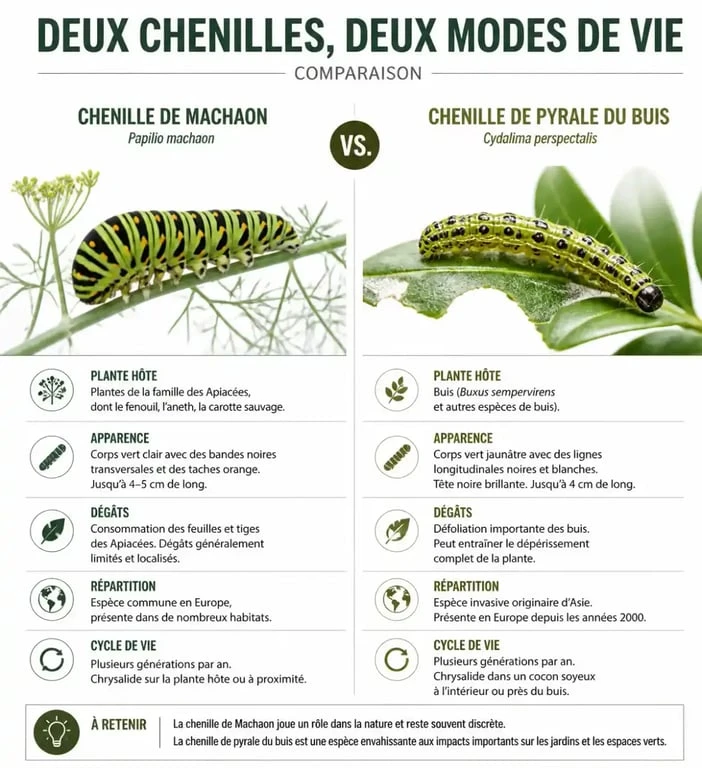 Comparaison visuelle entre chenille de Machaon et pyrale du buis au jardin