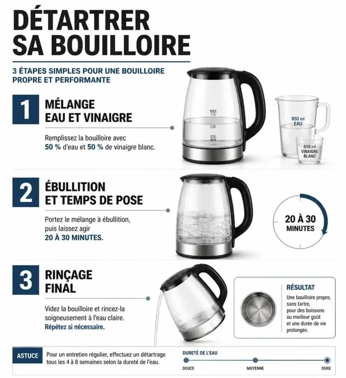 Infographie des étapes pour détartrer une bouilloire efficacement