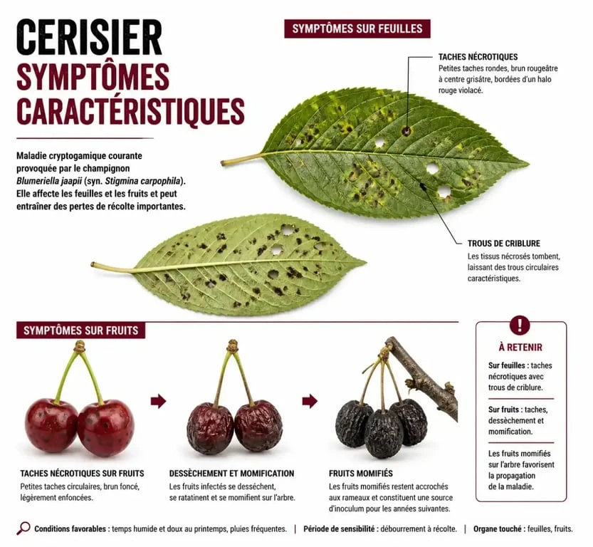 Symptômes des maladies du cerisier : feuilles tachées et cerises momifiées