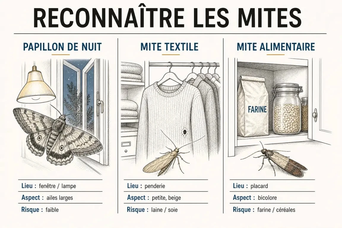 Papillons dans la maison : comparaison visuelle entre papillon de nuit, mite textile et mite alimentaire