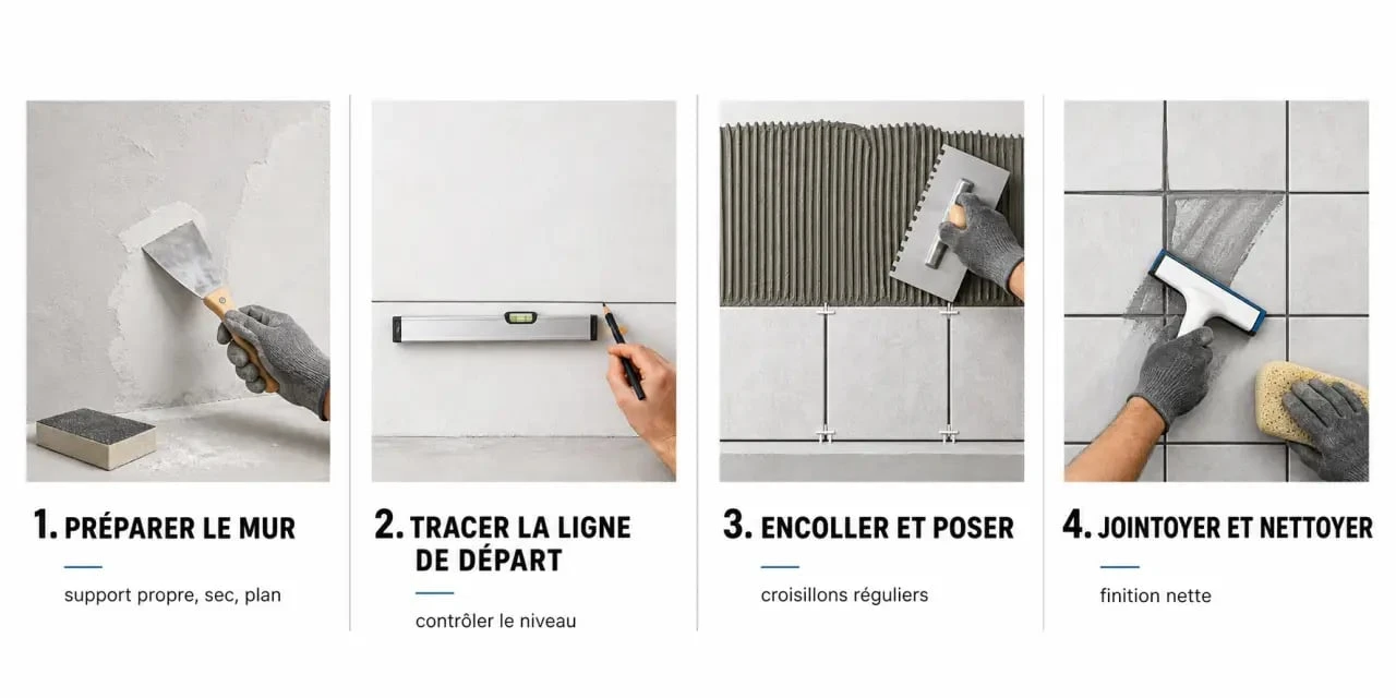 Pose carrelage mural : préparation du mur, traçage, encollage et joints en quatre étapes