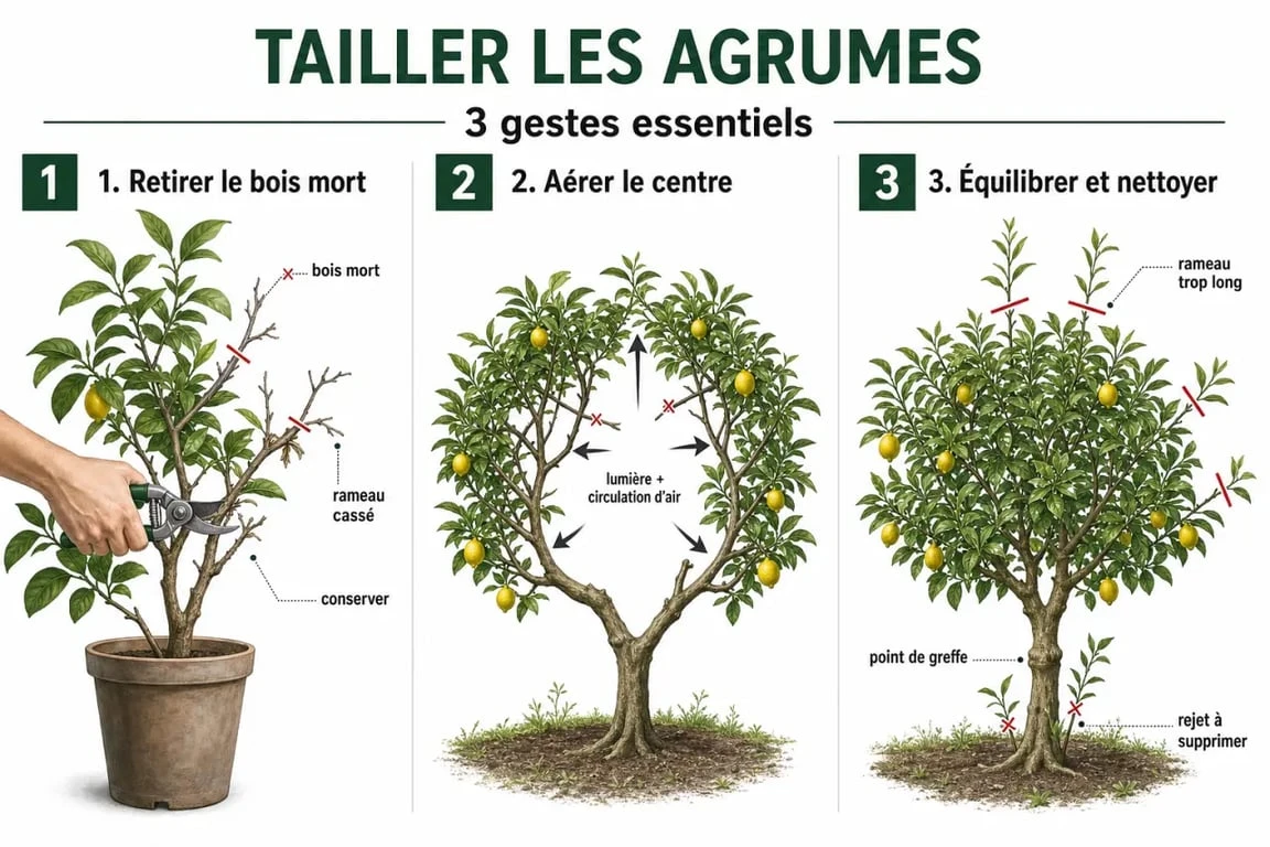 Taille des agrumes : illustration séquentielle des coupes à effectuer sur un citronnier