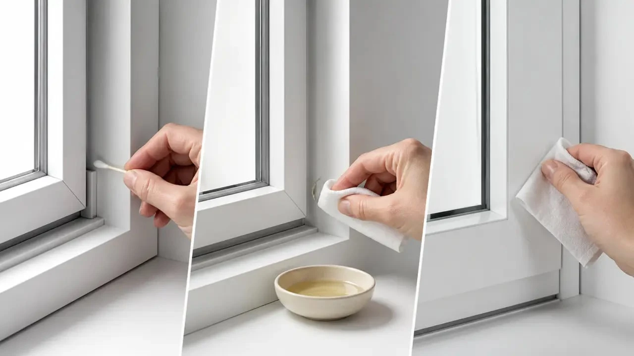 Enlever colle sur pvc fenetre avec un chiffon, de l’huile alimentaire et un test sur zone cachée d’un cadre blanc
