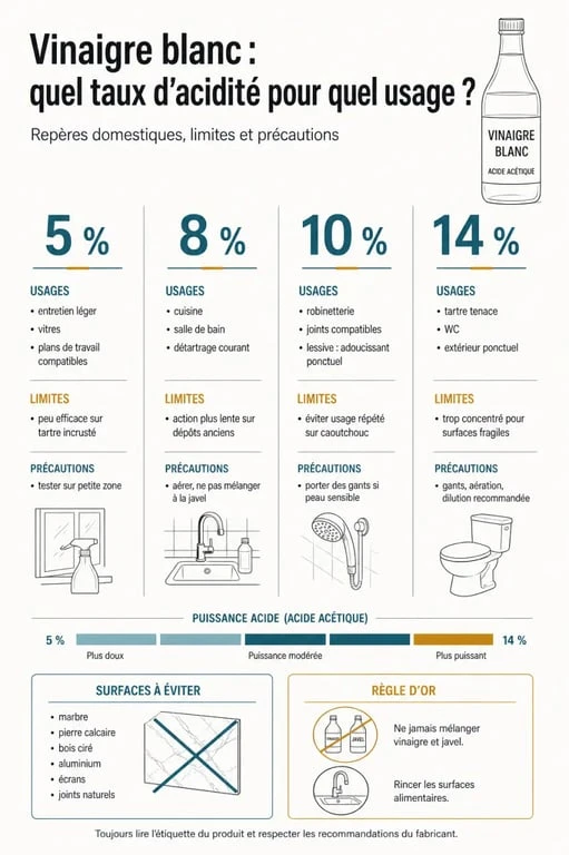Infographie sur l’utilisation du vinaigre blanc avec taux d’acidité, usages et précautions