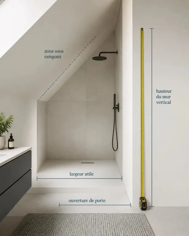 Paroi douche sous pente : prise de mesures sous rampant avant commande