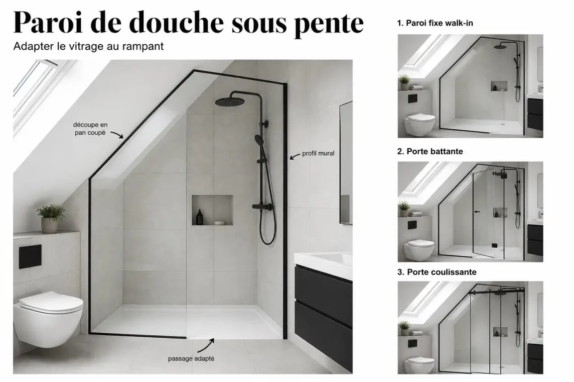 Paroi douche sous pente en configuration walk-in et pan coupé dans une salle de bain sous combles