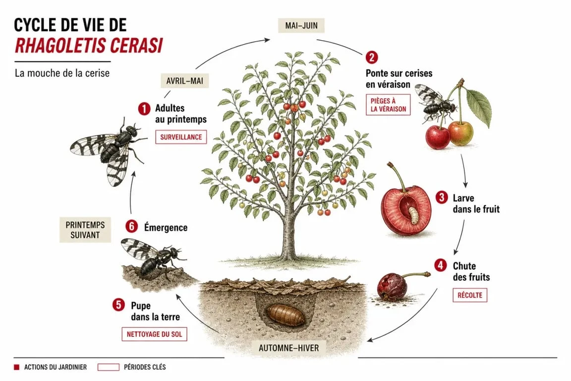 Infographie sur la mouche de la cerise : cycle de vie de Rhagoletis cerasi et moments clés de protection du cerisier