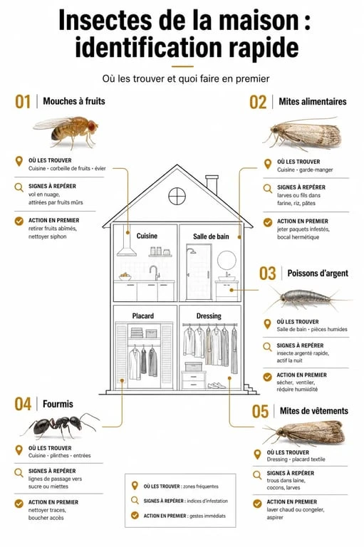 Infographie insecte maison pour identifier les insectes trouvés dans la maison selon la pièce, les signes et la première action utile