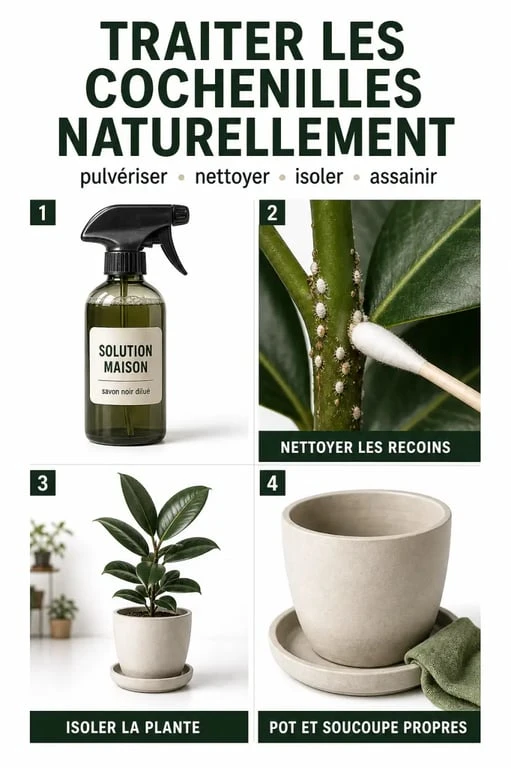 Remede de grand mere contre les cochenilles avec pulvérisation, nettoyage au coton-tige et plante isolée