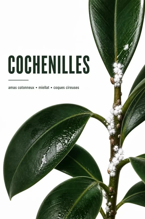 Remede de grand mere contre les cochenilles sur une plante d’intérieur avec amas cotonneux visibles