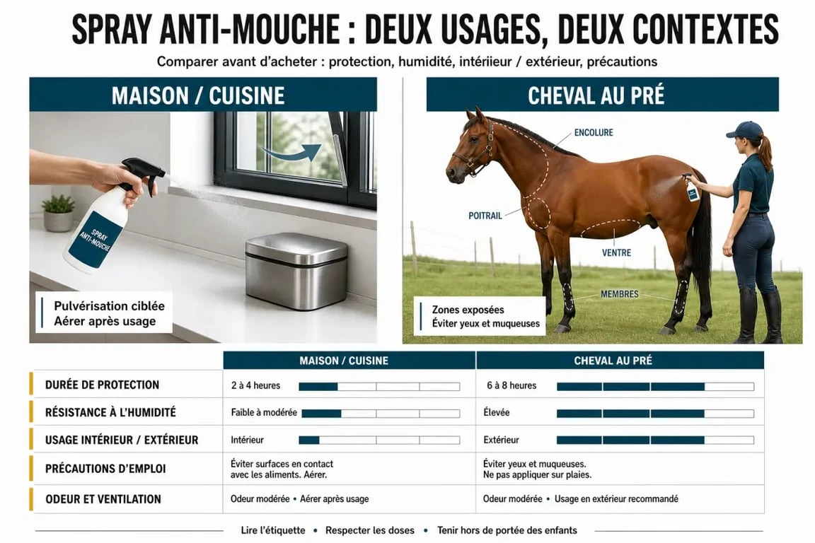 Comparatif spray anti mouche pour la maison et le cheval avec critères d’usage et de protection