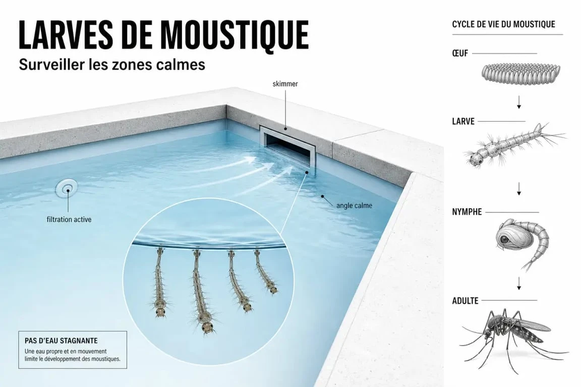 Larve de moustique piscine dans l’eau près d’un angle calme et d’un skimmer